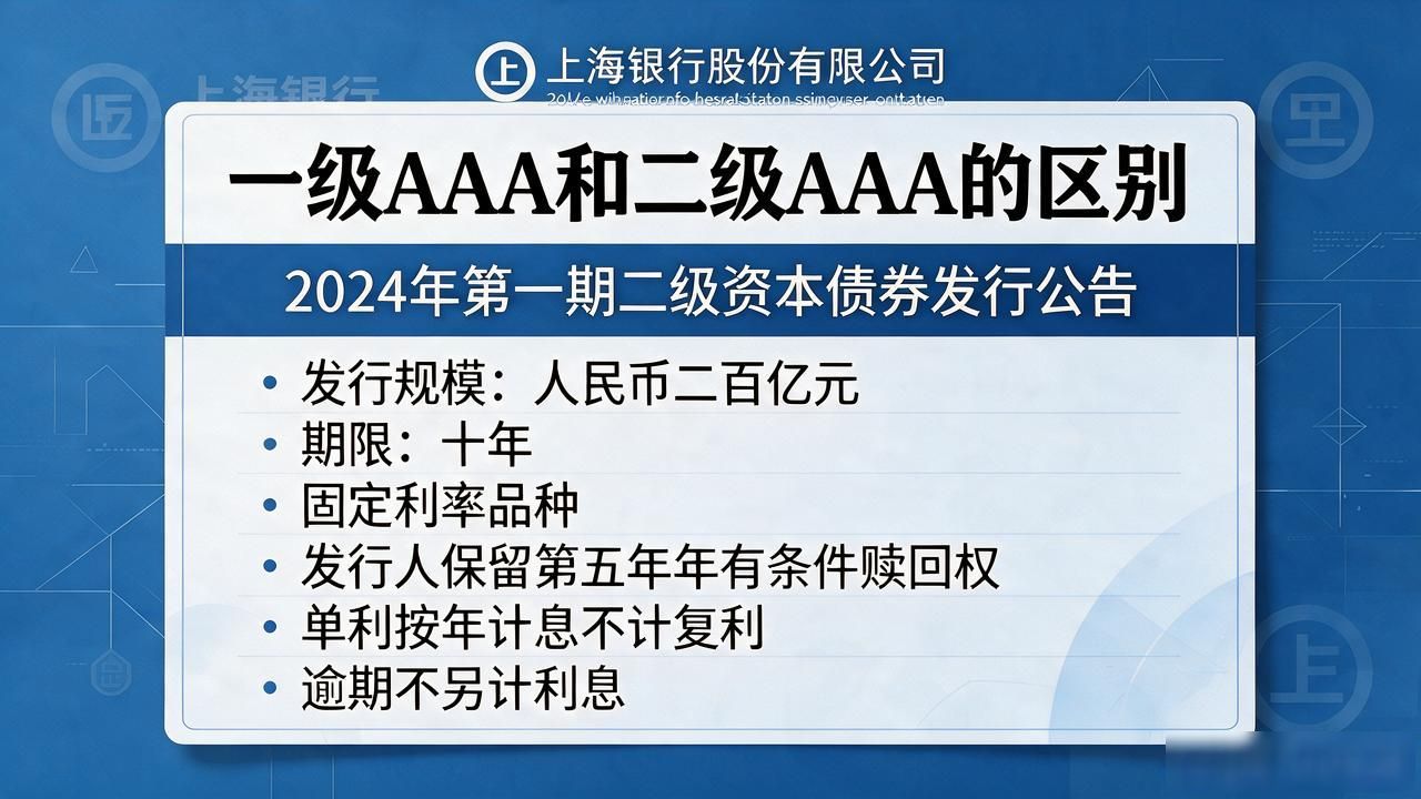 一级AAA和二级AAA的区别 上海银行股份有限公司2024年第一期二级资本债券获“AAA”评级